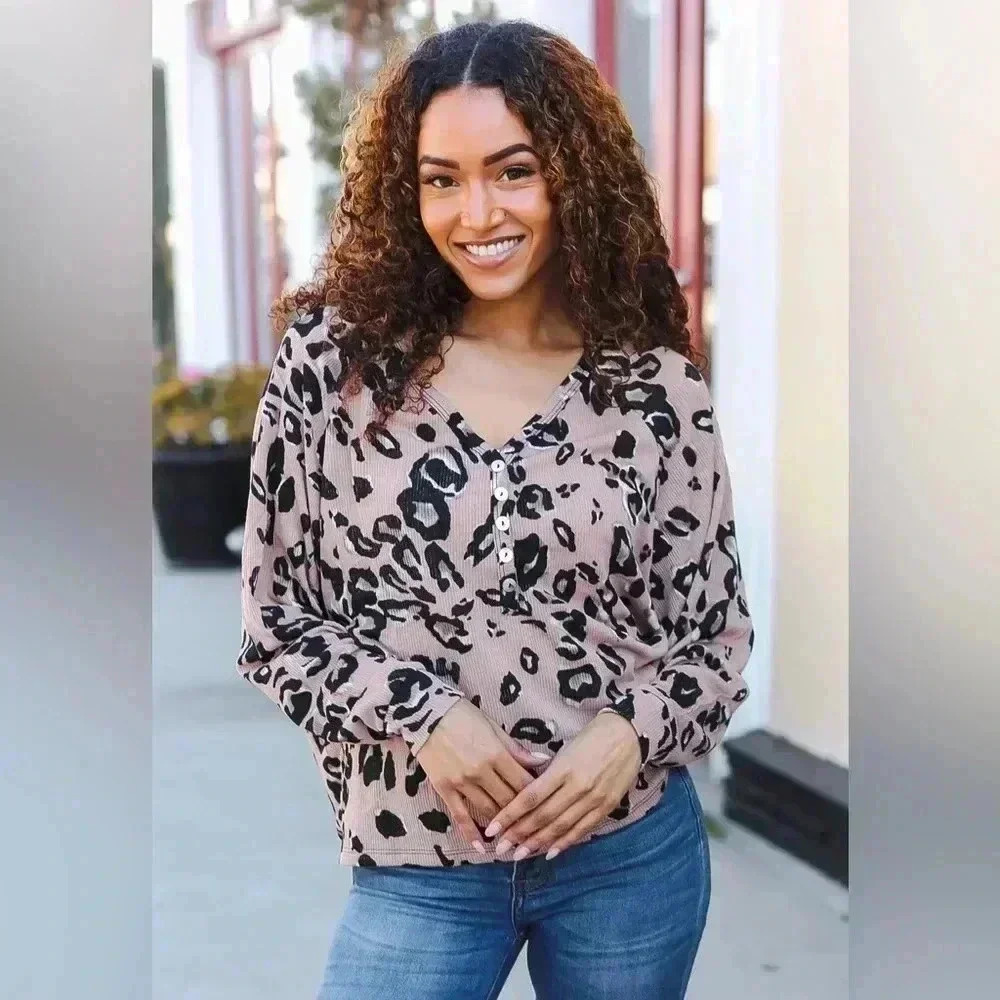 Be Bold Beige Rib Animal Print Button Placard Dolman Pullover